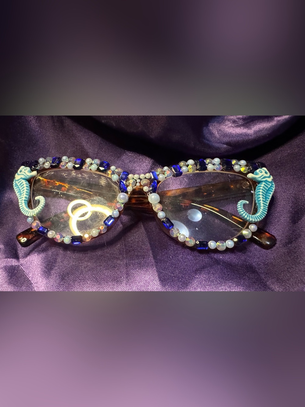 Embellished Cat-Eye sea horse reading glasses  - Blue & Pearl Accent